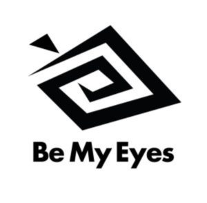 Imagen del logotipo de la aplicación Be My Eyes, compuesto por una especie de espiral que conforma la silueta de un ojo, debajo del cual aparece el nombre de la aplicación