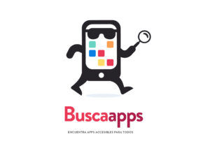 Imagen del logotipo del buscador BuscaApps, consistente en un smartphone con piernas y brazos, que va caminando con una lupa en una mano y que lleva gafas de sol. La pantalla de éste smartphone muestra los cuadrados habituales presentes en la distribución del menú de apps. Debajo de este personaje aparece el nombre BuscaApps seguido de la leyenda “Encuentra apps accesibles para todos”. El smartphone es de color negro, los cuadros de la pantalla son de diversos colores y los textos son de color rojo en dos tonalidades.