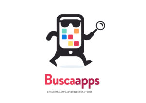 Imagen del logotipo del buscador BuscaApps, consistente en un smartphone con piernas y brazos, que va caminando con una lupa en una mano y que lleva gafas de sol. La pantalla de éste smartphone muestra los cuadrados habituales presentes en la distribución del menú de apps. Debajo de este personaje aparece el nombre BuscaApps seguido de la leyenda “Encuentra apps accesibles para todos”. El smartphone es de color negro, los cuadros de la pantalla son de diversos colores y los textos son de color rojo en dos tonalidades.