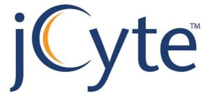 Imagen del logotipo de la compañía jCyte. Éste está compuesto por el nombre de la compañía en azul, cuya “C” mayúscula tiene una doble línea en su concavidad, probablemente representando la membrana celular de una célula humana. Esta doble línea es de color naranja y el fondo del logotipo es blanco.