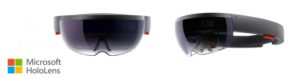 Imagen frontal y lateral de las gafas de realidad mixta HOLOLENS. Se aprecian al detalle todos sus elementos, mostrando su aspecto compacto y futurista.