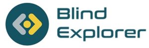 Imagen del logotipo de Blind Explorer, compuesto por la representación gráfica de una brújula y las palabras “Blind Explorer”. La brújula, ubicada en el lateral izquierdo del logotipo, está representada por una esfera de color verde en cuyo centro hay un punto amarillo del cual surgen dos flechas en direcciones opuestas, una amarilla y la otra gris. Las palabras están en el lateral derecho, distribuidas en dos líneas, y son de color verde.