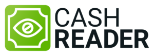 Imágen del logo de la app Cash Reader. Lo componen dos imágenes. En la de la izquierda se puede apreciar sobre un fondo verde claro un marco cuadrado con las esquinas con forma de semicírculo a modo de muesca (que le dan aspecto de cruz) conteniendo en su centro un ojo, todo ello en color blanco. En la de la derecha podemos leer, en letras grandes, el nombre de la aplicación en color negro sobre un fondo blanco.