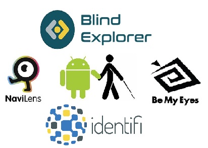 Imagen de un collage en el que aparecen los logotipos de las aplicaciones Blind Explorer, Identifi, Be My Eyes, Navilens, y en medio de todos ellos, un dibujo del robot de Android que va guiando de la mano al muñequito del logotipo de la ONCE.