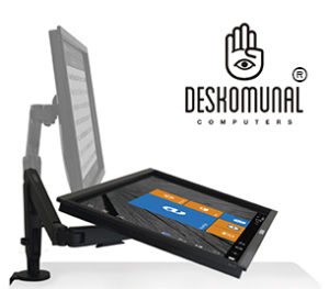 Imagen compuesta por el Logo de Deskomunal®, una mano con un ojo en su interior, inspirado en la mano de Fátima. La mano simboliza el entorno táctil, el ojo el mundo de la baja visión y un Ordenador Deskomunal Pro 32 pulgadas con brazo articulado mostrando dos posiciones, inclinado en modo tableta y vertical en modo lectura.