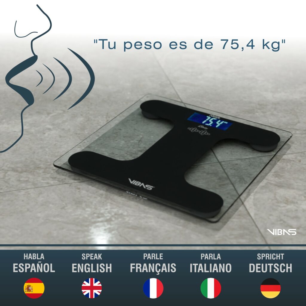 La imagen muestra una báscula digital de baño Body de color negro con pantalla que indica "75.4 kg" y el logo de "VIBAS". Tiene una función de voz que anuncia el peso, ilustrada por ondas de sonido y una cita. Además, la báscula puede hablar en español, inglés, francés, italiano y alemán, como indican banderas y textos en la imagen. 