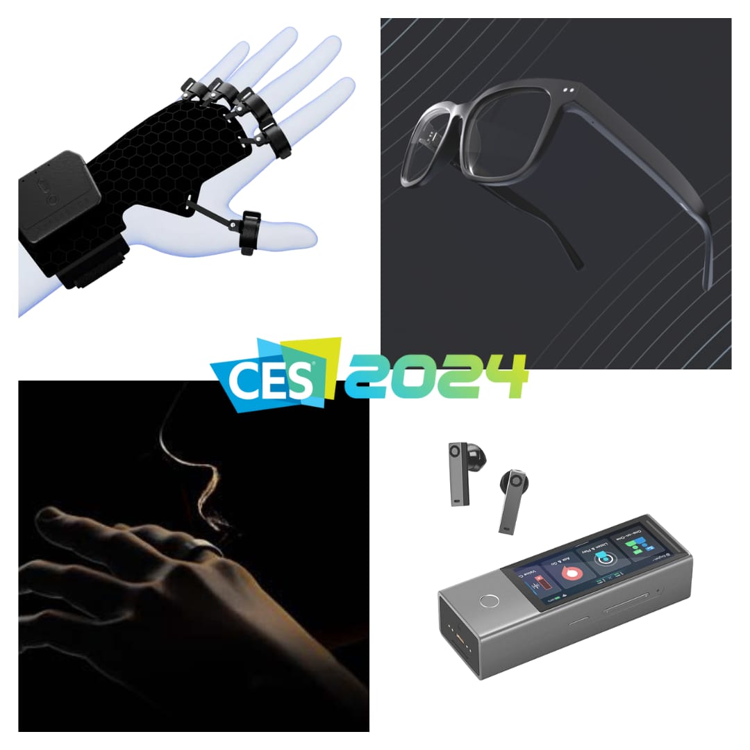 La imagen muestra un collage de cuatro dispositivos tecnológicos diferentes, presentados en el Consumer Electronics Show (CES) de 2024, como indica el logo "CES 2024" en la parte central inferior. En la esquina superior izquierda, hay un dispositivo que parece ser un guante o una interfaz háptica que se ajusta sobre la mano y la muñeca. En la esquina superior derecha, hay un dispositivo de audio, con controles táctiles en su pantalla y conectores para auriculares en uno de sus extremos. En la esquina inferior izquierda, hay una imagen que parece representar una mano con trazos de luz que fluyen desde los dedos, emulando un anillo inteligente. Finalmente, en la esquina inferior derecha, se ve un par de gafas inteligentes con controles integrados o sensores en las patillas, en este caso audífonos. El collage indica una temática de dispositivos inteligentes y wearables con un enfoque en la interacción y la conectividad.