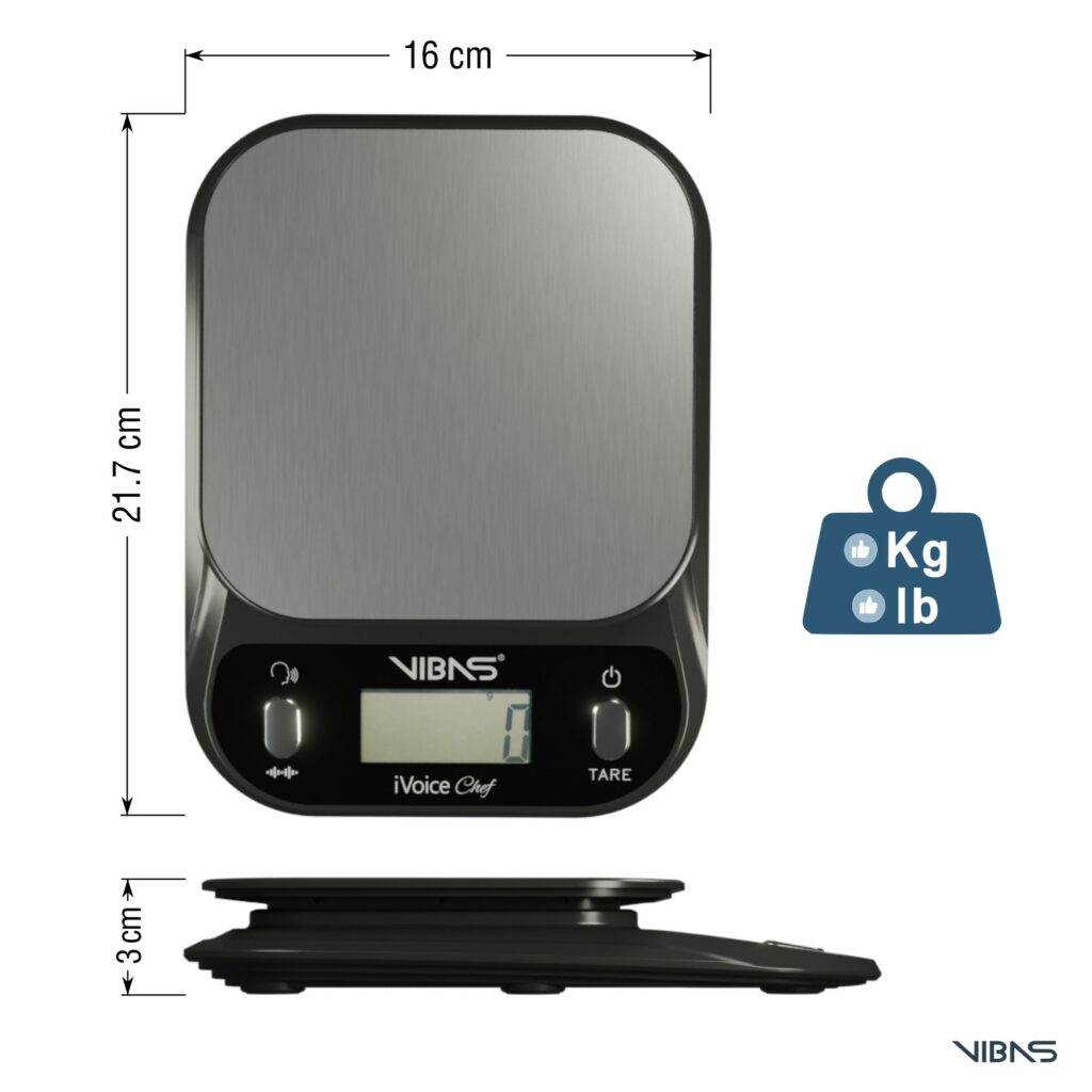 La imagen muestra un diagrama detallado de una báscula de cocina de la marca VIBAS. La vista frontal de la báscula revela una pantalla LCD y botones para las funciones de encendido/apagado, cambio de unidades entre kilogramos y libras (kg y lb), una función de voz etiquetada como "iVoice Chef" y un botón de tara. La superficie de pesaje parece ser de acero inoxidable. En la parte superior de la imagen hay medidas que indican las dimensiones del producto. El diseño es moderno y compacto, lo que sugiere que es portátil y fácil de almacenar en una cocina. También se observa el logotipo de la marca VIBAS en la parte frontal inferior de la báscula.