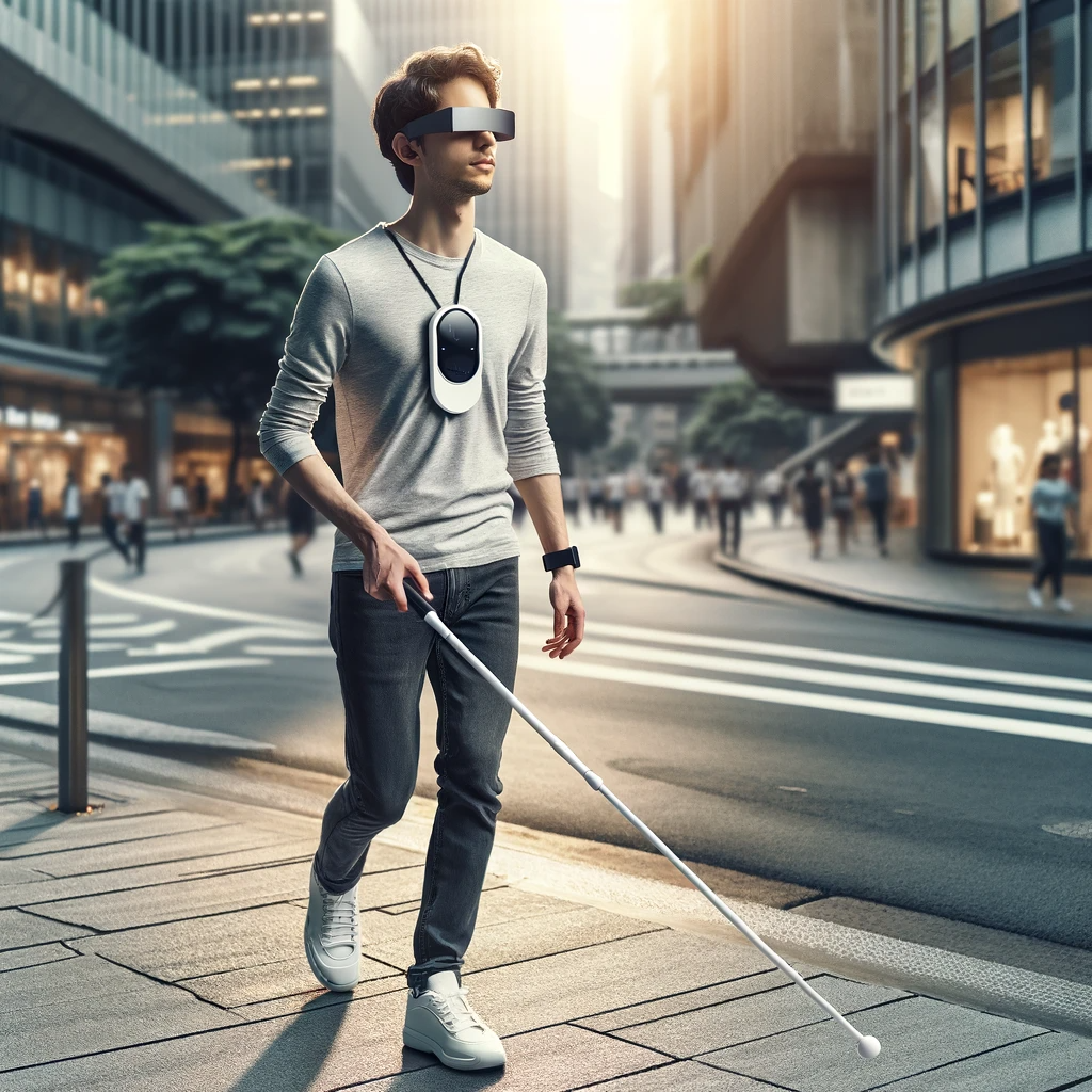 La imagen recrea a a un hombre joven caminando por una acera en una zona urbana, aparentemente una calle concurrida en una ciudad. El hombre lleva puesto un visor sobre sus ojos, que parece moderno y tecnológicamente avanzado. También lleva un colgante con un dispositivo electrónico alrededor de su cuello, Lleva ropa casual, consistente en una camiseta de manga larga gris claro, pantalones ajustados de color oscuro y zapatillas blancas. Tiene un reloj inteligente en su muñeca izquierda y está utilizando un bastón blanco. La escena sugiere que el hombre está utilizando la tecnología para que lo asista en su desplazamiento por la ciudad. (Fin de la descripción)