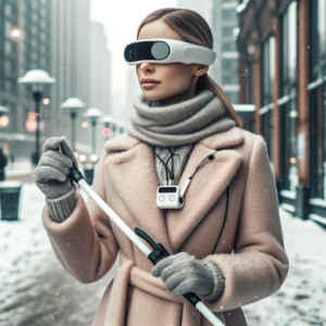 La imagen recrea a una mujer de pie en una calle de la ciudad durante un día nevado. Lleva una indumentaria invernal compuesta por un abrigo beige de corte elegante, una bufanda y guantes de punto gris que combinan. La característica más distintiva es que está usando unas gafas inteligentes de gran tamaño, de color blanco y con un diseño futurista, que cubren sus ojos y parte de su frente. Además, lleva un dispositivo electrónico blanco colgado alrededor de su cuello con dos cables que se dirigen hacia las orejas, lo que sugiere que podría tratarse de un dispositivo de audio personal, como auriculares. La mujer sostiene un bastón blanco con la mano derecha. El fondo de la imagen muestra edificios altos y farolas, típicos de una calle urbana, y la nieve cae suavemente, acumulándose en el cabello y la ropa de la mujer. (fin de la descripción)