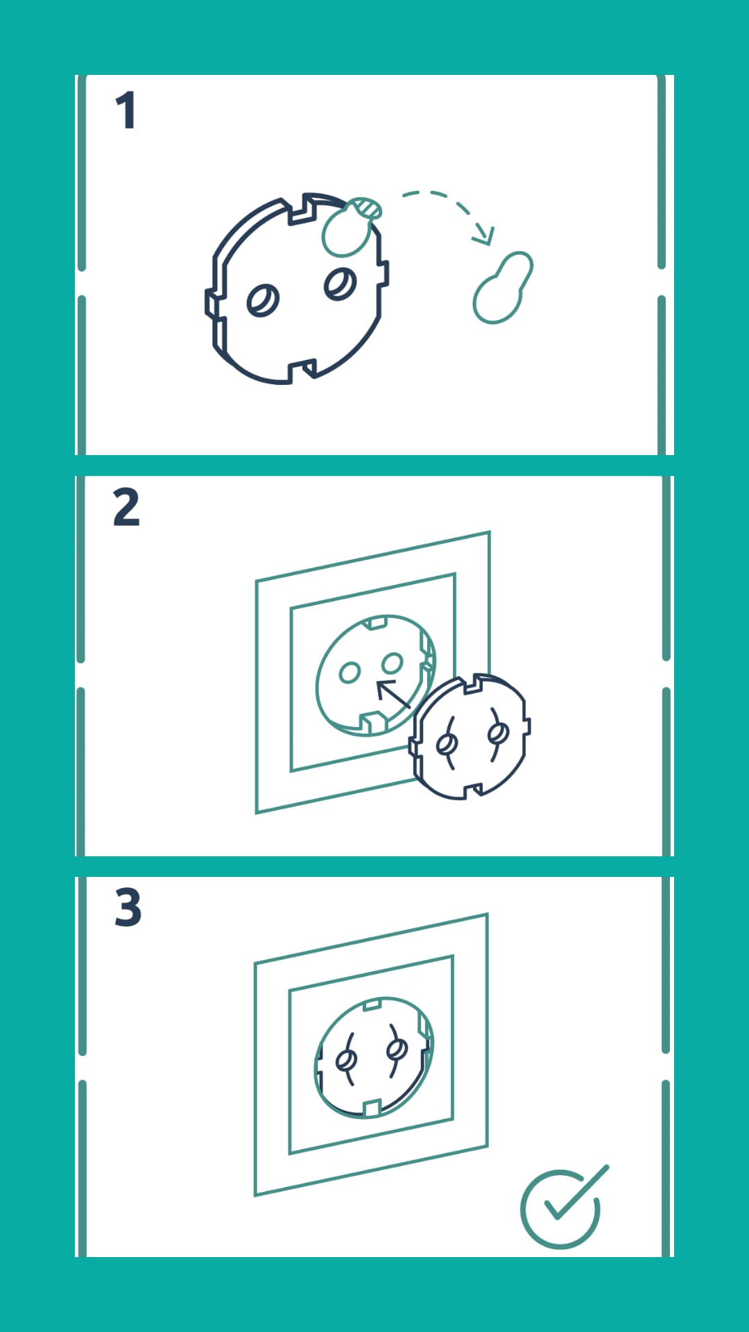 La imagen describe en un collage vertical el proceso de conectar una pieza a una base, dividido en tres pasos secuenciales: inicio con la pieza apuntando hacia su destino, alineación e inserción en un receptáculo que encaja perfectamente, y la confirmación de la inserción exitosa mediante un símbolo de verificación. El diseño utiliza líneas y formas simples para una comunicación eficaz del ensamblaje.