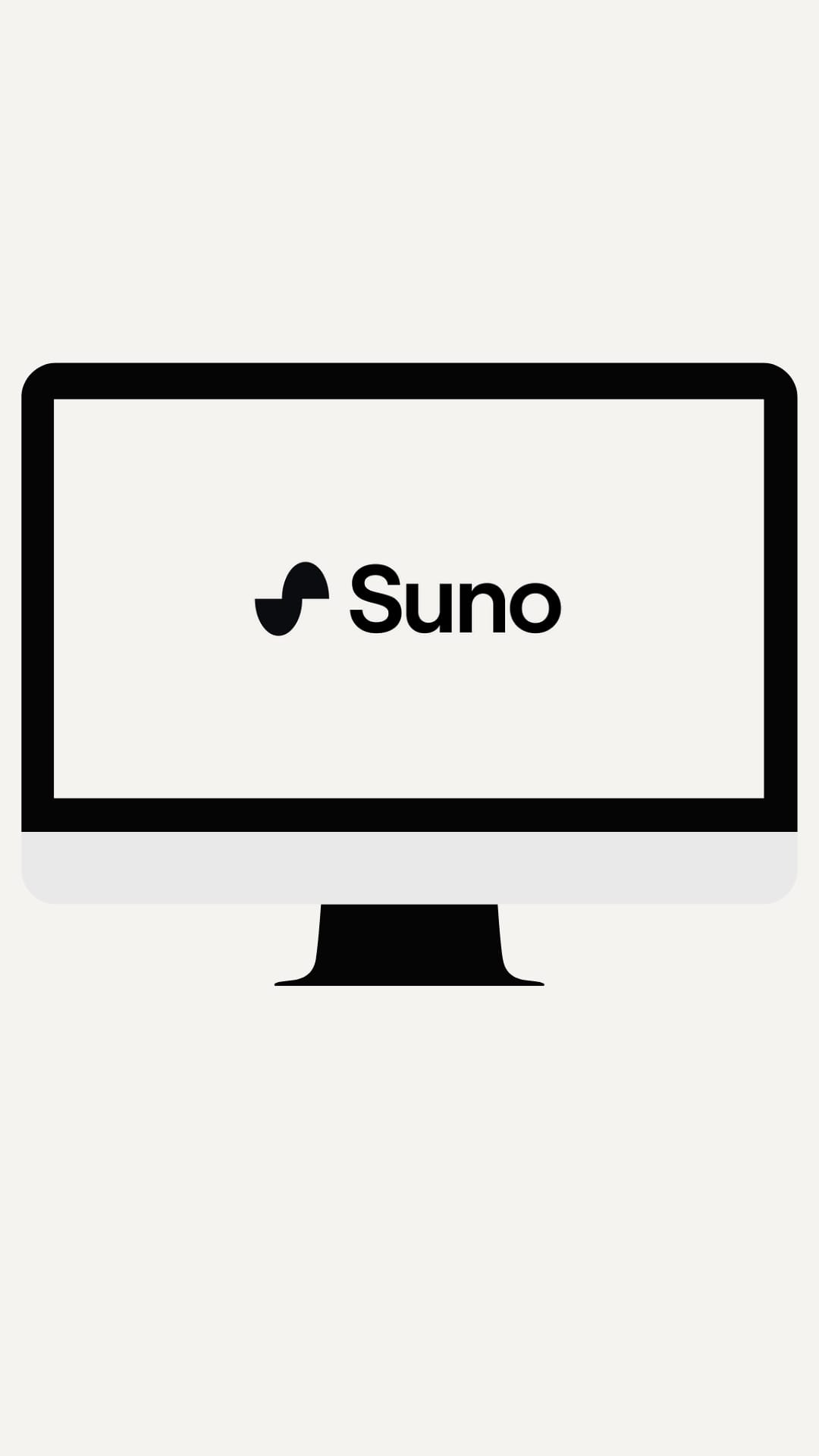 La imagen muestra un monitor de computadora con un diseño moderno y minimalista, presentando un fondo blanco y la palabra "Suno" en el centro en letra negra y serif. El monitor tiene bordes delgados y está apoyado en una base negra, todo sobre un fondo blanco que realza su sencillez y limpieza visual.