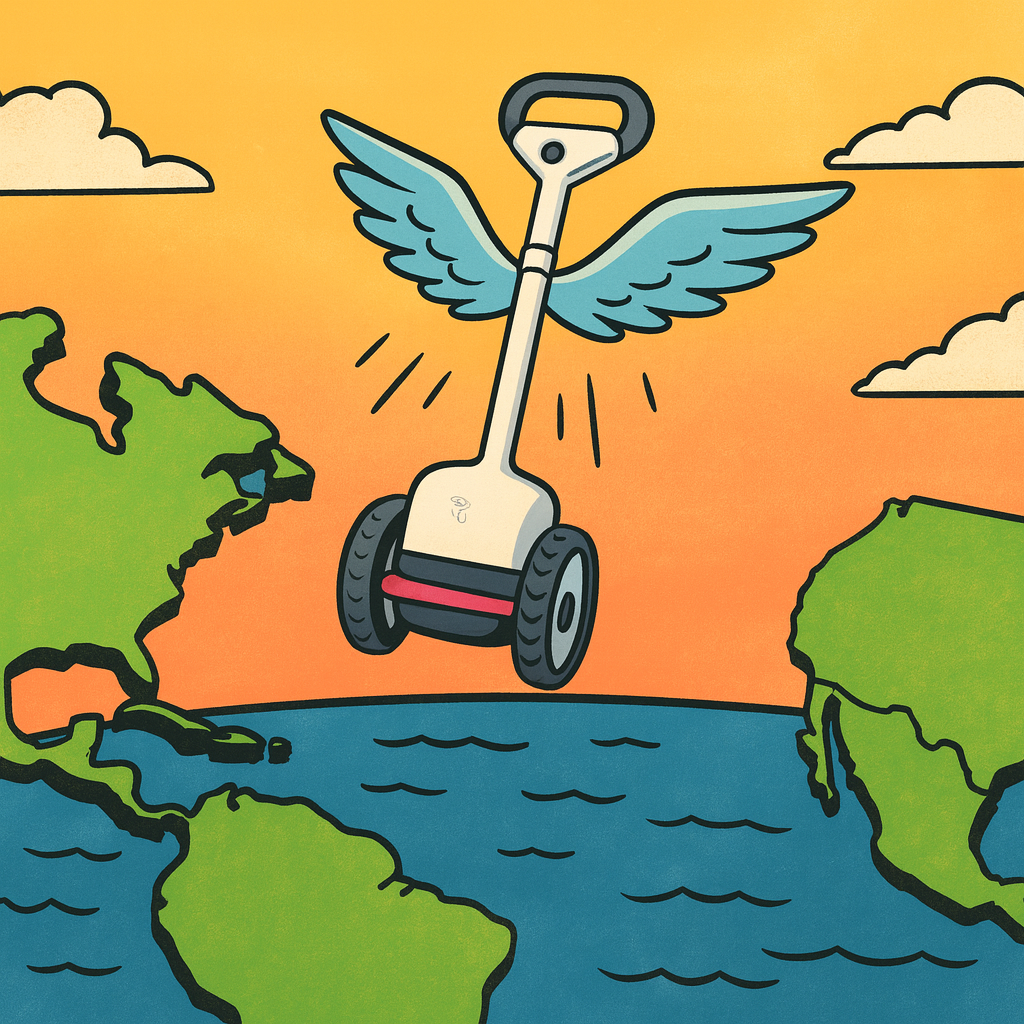 La imagen muestra una ilustración en estilo cómic, colorida y con un aire irónico.
En el centro aparece un dispositivo idéntico al Glide de Glidance (como el de la foto original), pero con un par de alas desplegadas que le dan un aspecto de objeto volador. El aparato está en pleno despegue, dejando tras de sí una estela de movimiento.
Debajo, se distingue la silueta del continente europeo, desde donde el Glide se eleva. El trazado de Europa aparece sombreado, marcando el punto de partida. Al fondo, hacia el horizonte, se ve el Océano Atlántico con tonalidades azules y violetas, y más allá la silueta del continente americano, representado como destino.
El conjunto transmite la metáfora de que el dispositivo “abandona Europa” para dirigirse a Estados Unidos, en alusión al retraso del lanzamiento europeo y la prioridad en el mercado americano. El estilo cómic exagera la escena y resalta la ironía con colores vivos y formas simplificadas.