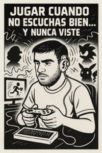 La imagen muestra una ilustración en blanco y negro, estilo cómic retro con trazos gruesos. En ella aparece un joven con implante coclear visible. Está sentado frente al ordenador, sujetando un mando de videojuegos. Su expresión es seria, concentrada y reflexiva. A su alrededor flotan siluetas de personajes clásicos como Mario, Sonic y Pikachu, acompañadas de líneas que representan sonidos y vibraciones, algunas incompletas o distorsionadas para reflejar la dificultad auditiva. Sobre la escena, destaca el texto: «Jugar cuando no escuchas bien... y nunca viste». La composición transmite una sensación emotiva y reivindicativa sobre los retos de jugar con sordoceguera.
