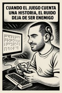 La imagen muestra una ilustración en blanco y negro con estilo de cómic retro y trazos gruesos. Aparece un joven con implante coclear, tranquilo y concentrado mientras juega. Usa un mando y tiene frente a él una pantalla Braille, con pequeñas ondas vibracionales indicando interacción táctil en lugar de señales sonoras. Su expresión es serena y refleja comprensión. En la parte superior se lee la frase: «Cuando el juego cuenta una historia, el ruido deja de ser enemigo». La escena transmite accesibilidad bien aplicada y alivio al encontrar una forma de juego adaptada.