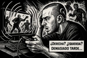 La imagen muestra una ilustración en blanco y negro estilo cómic con fuertes contrastes. Un joven con implante coclear aparece inclinado hacia el ordenador, sosteniendo un mando mientras juega a un shooter. Su expresión refleja tensión y confusión al intentar localizar el origen del sonido. En la pantalla y a su alrededor se ven zombies, y ondas sonoras desordenadas sugieren dificultad auditiva. En primer plano aparece el texto: “¿Derecha? ¿Izquierda? Demasiado tarde…”. La escena transmite la complejidad de jugar dependiendo del audio cuando este no es fiable.