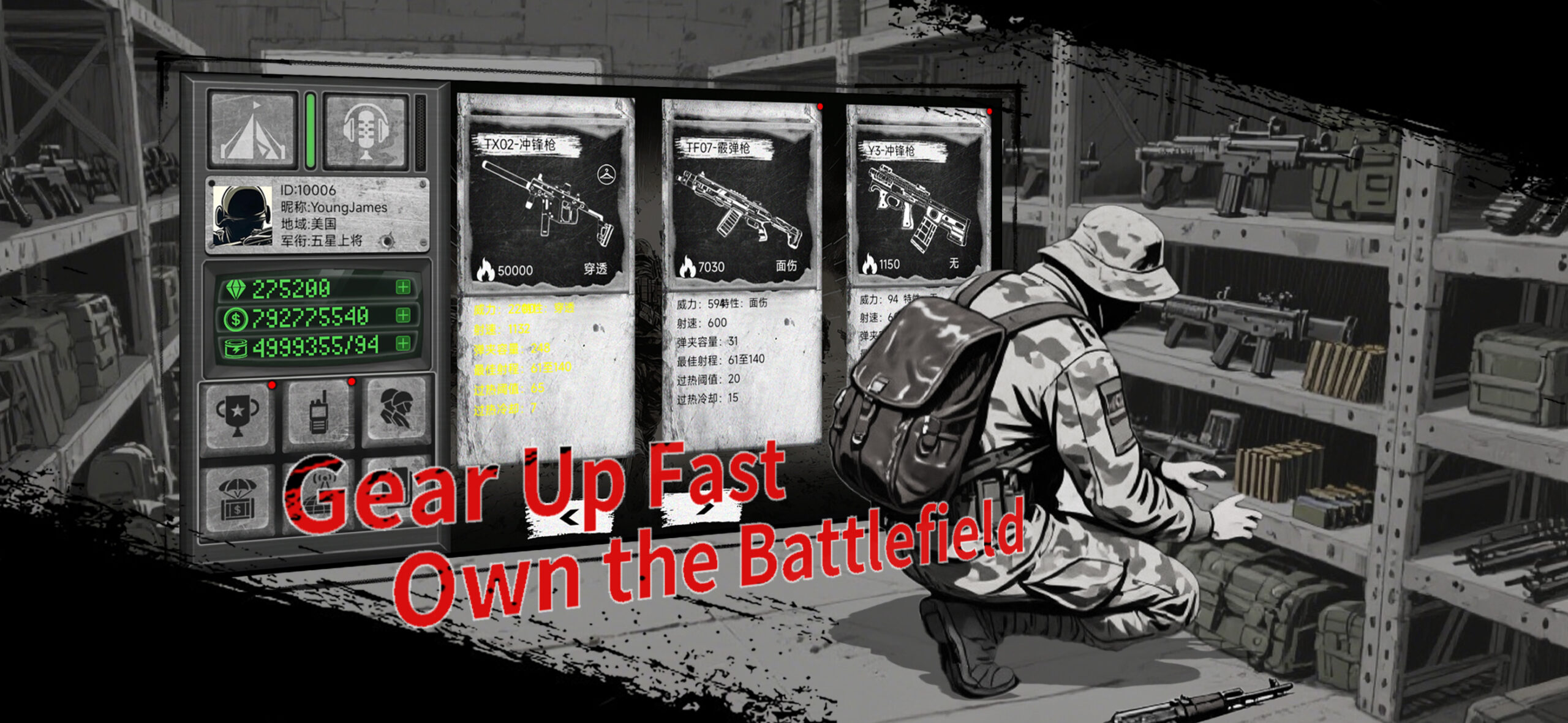 La imagen, con estética de cómic militar en tonos grises y negros, muestra a un soldado agachado de espaldas, vestido con camuflaje, botas, sombrero boonie y mochila, mientras organiza armas y material táctico en una estantería metálica llena de rifles, cargadores y bolsas.
A la izquierda aparece una gran pantalla con la interfaz del juego: una ficha de jugador con avatar e información del inventario, indicadores verdes de recursos (diamantes, dinero y suministros), varios iconos de menú y, en el centro, tres tarjetas de armas con sus ilustraciones y estadísticas detalladas (potencia, alcance, penetración, recalentamiento, etc.).
Sobre la escena destaca el texto rojo “Gear Up Fast – Own the Battlefield”, enmarcado por brochazos negros. En conjunto, la imagen mezcla un almacén militar con la interfaz del juego Glory Frontline, transmitiendo preparación, estrategia y acción inmediata.