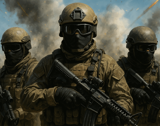 Portada del juego Glory Frontline (soldados tácticos). La escena muestra a tres soldados fuertemente armados, vestidos con equipamiento militar moderno en tonos arena. Llevan cascos tácticos, gafas oscuras, chalecos antibalas y guantes. Cada uno sostiene un rifle de asalto en posición lista. Al fondo se ven explosiones y nubes de humo, aportando una atmósfera de batalla intensa. La composición transmite unidad, profesionalidad y tensión bélica, con una estética muy realista.