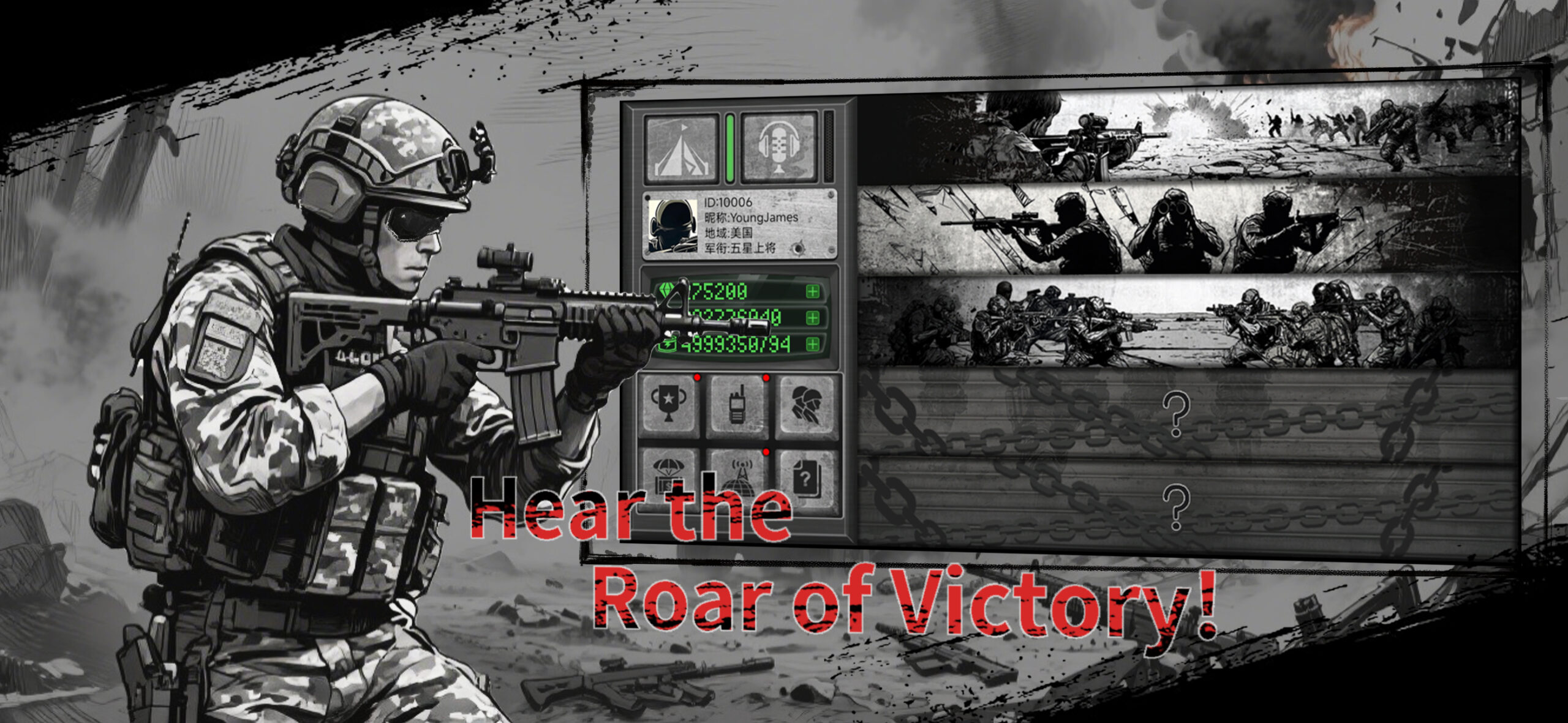 En la imagen, un soldado con camuflaje digital avanza entre escombros con su rifle listo para disparar. A su lado aparece la interfaz del juego y, en la zona derecha, varias viñetas tipo cómic que representan misiones, escuadras, francotiradores y escenas de combate. Las secciones inferiores muestran misiones bloqueadas, marcadas con signos de interrogación. El texto “Hear the Roar of Victory!” transmite sensación de acción, logro y emoción bélica.