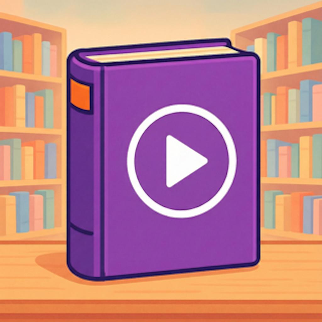 La imagen muestra una ilustración de estilo limpio y moderno, con un aire claramente digital y accesible. En el centro aparece un libro de color morado intenso, representado en formato tridimensional, como si fuera un libro físico grueso y robusto. En la portada destaca un icono blanco de reproducción (un triángulo apuntando a la derecha dentro de un círculo), lo que sugiere que se trata de un audiolibro o de un libro interactivo con contenido sonoro. El libro tiene un pequeño detalle rectangular de color naranja en el lomo, que recuerda a una etiqueta o marcador, reforzando la idea de objeto editorial bien definido. Los bordes son suaves y redondeados, con un diseño amable y poco agresivo visualmente. El fondo representa una biblioteca: estanterías de madera clara llenas de libros de distintos colores, desenfocados y simplificados, lo que ayuda a que el libro morado sea el protagonista absoluto de la escena. La iluminación es cálida, con tonos suaves que transmiten una sensación de calma, accesibilidad y confort, asociada a la lectura. En conjunto, la imagen comunica claramente la idea de lectura digital accesible, audiolibros o lectura asistida por voz, con un enfoque moderno, inclusivo y orientado a la experiencia del usuario más que al realismo.