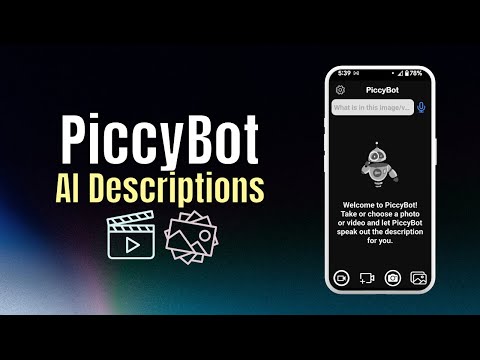 La imagen muestra una composición promocional sobre fondo oscuro con un degradado azul y morado. A la izquierda aparece el texto grande “PiccyBot AI Descriptions” en letras blancas y amarillas. Debajo del texto hay iconos blancos que representan un vídeo (claqueta de cine) y un conjunto de fotografías apiladas. A la derecha se ve la pantalla de un iPhone con la app PiccyBot abierta. En la pantalla aparece un robot simpático de color gris con un solo ojo central, brazos redondeados y un pequeño cuerpo. En la parte superior del móvil se lee “What is in this image?”. El conjunto transmite una idea de tecnología accesible y moderna.