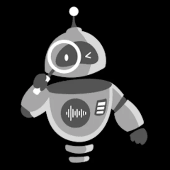 Imagen del personaje mascota de PiccyBot sobre fondo negro. Se trata de un robot de color gris con un diseño simpático y redondeado. Tiene un solo ojo grande en el centro de la cabeza, con un guiño expresivo, y una pequeña antena en la parte superior. El robot sostiene una lupa frente a su ojo, como si estuviera examinando algo con atención. En su pecho aparece un icono que recuerda a ondas de sonido, reforzando la idea de descripción por voz. El diseño transmite cercanía, curiosidad y un enfoque amigable de la tecnología.