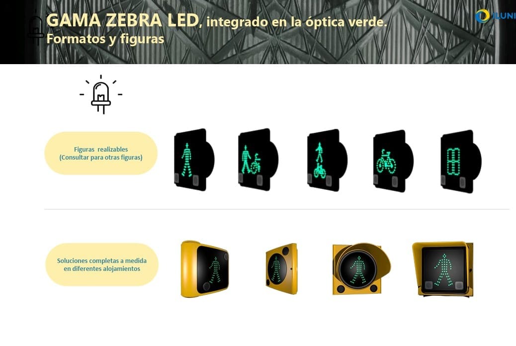 Ilustración de la gama ZEBRA LED de ILUNION Accesibilidad integrada en la óptica verde del semáforo, mostrando distintos pictogramas de peatones y formatos de instalación