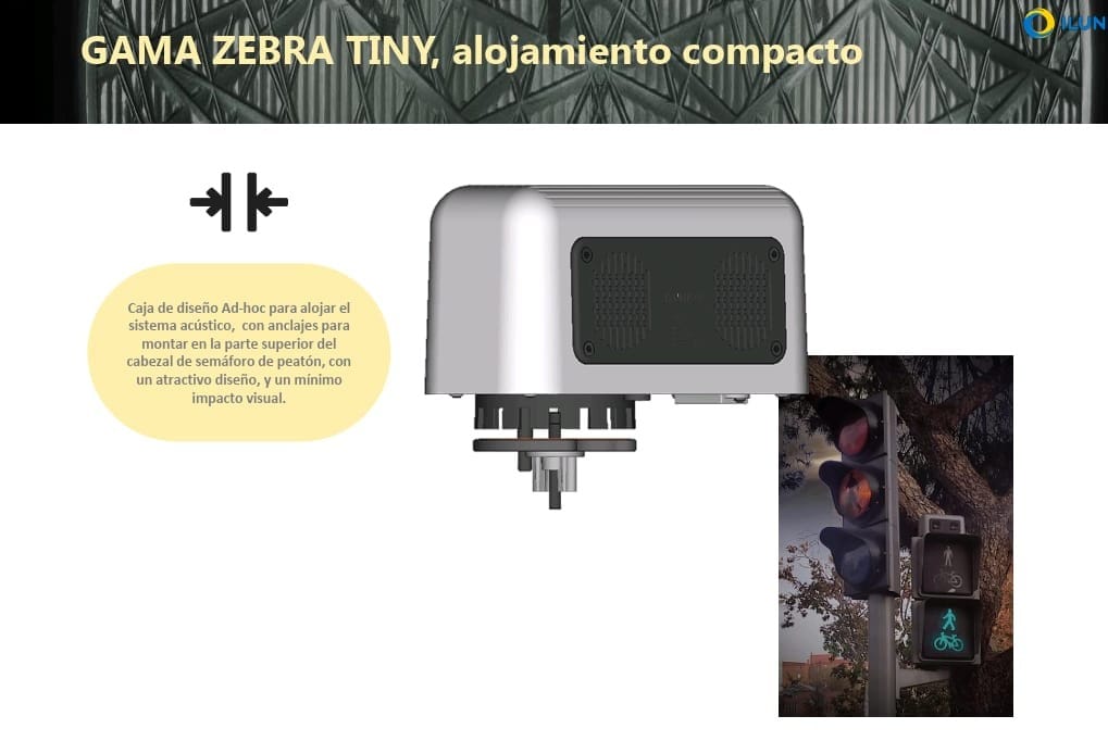 Ilustración de un dispositivo compacto ZEBRA TINY de ILUNION Accesibilidad instalado sobre el semáforo de peatones, con diseño discreto y mínimo impacto visual