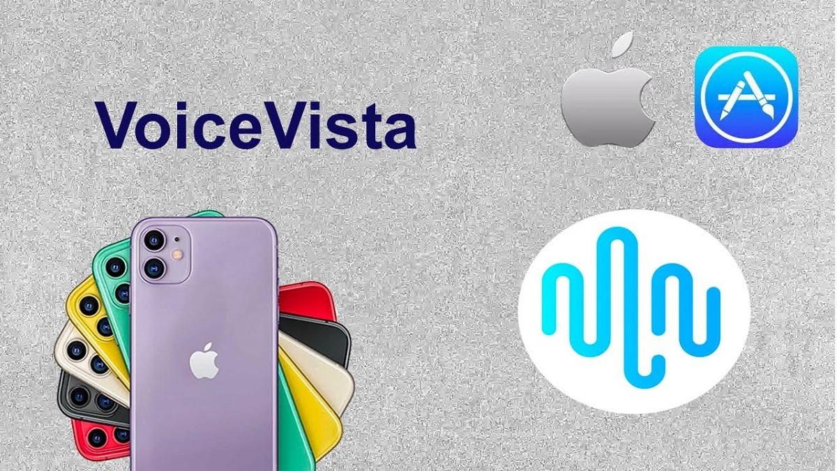 Imagen promocional de VoiceVista donde se combina el nombre de la app, varios modelos de iPhone, el logotipo de Apple y el icono de la App Store, junto a un símbolo sonoro. Representa a VoiceVista como aplicación iOS centrada en audio espacial y accesibilidad.