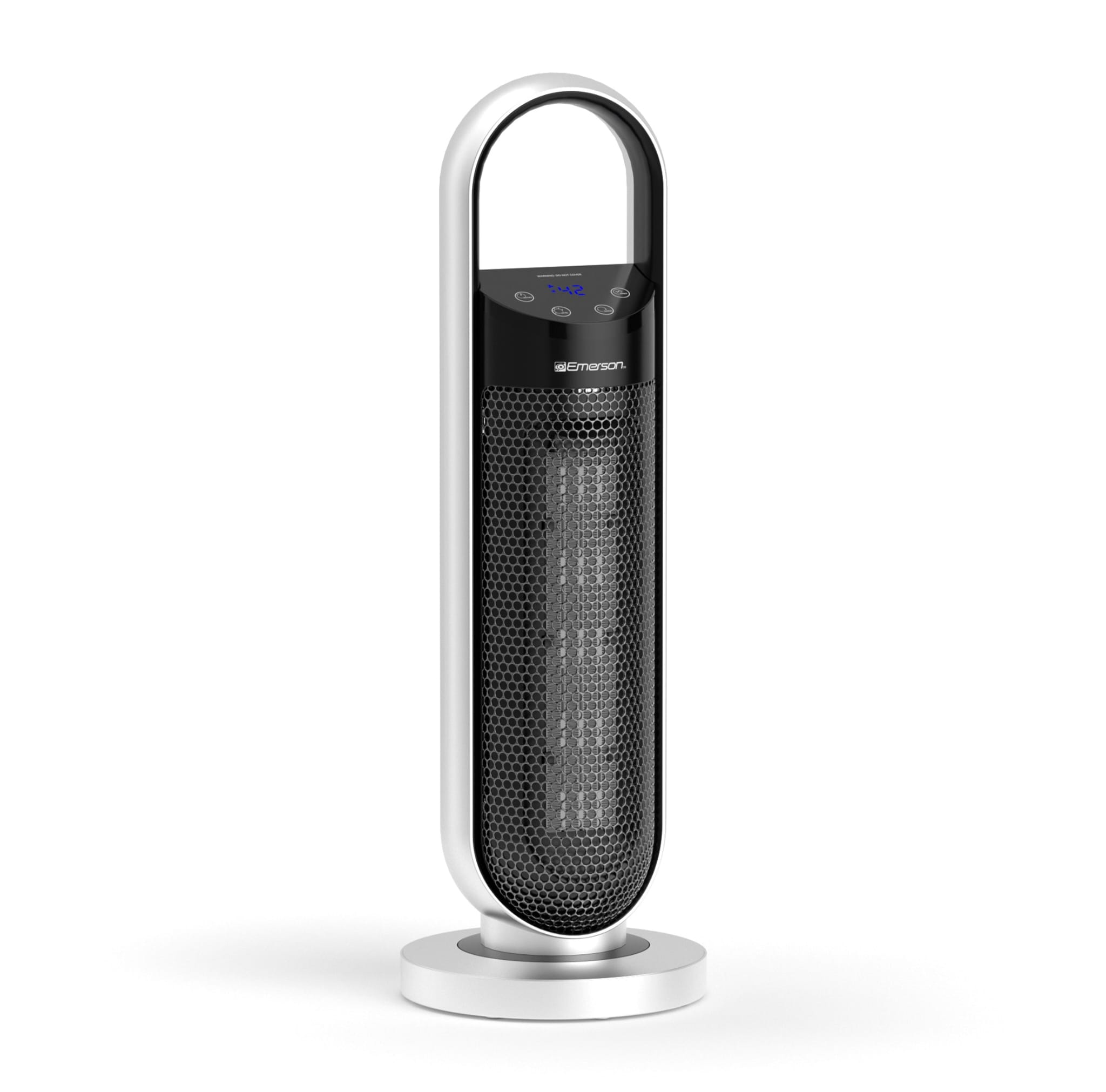 Imagen de un calefactor de torre Emerson de diseño vertical y estilizado. Tiene una base circular estable, un cuerpo alargado con rejilla frontal negra en patrón hexagonal y un aro superior plateado que hace de asa. En la parte superior frontal se aprecia un pequeño display digital azul con controles táctiles alrededor.