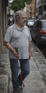 Un hombre de piel clara en una acera, fotografiado de cuerpo entero, mirando hacia la izquierda.

Tiene el pelo canoso rizado y barba gris. Lleva un polo gris, vaqueros azules y zapatillas oscuras. En la oreja izquierda lleva un dispositivo auditivo externo.

Sostiene un bastón blanco con secciones rojas; la empuñadura es negra con botones y una pequeña pantalla. A su lado derecho hay coches aparcados en la calle y al fondo se ven edificios y una zona arbolada, desenfocados.