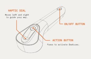 Diagrama de un dispositivo portátil que muestra tres partes señaladas: una rueda llamada Haptic Dial que se mueve a izquierda y derecha para guiar al usuario, un botón de encendido en la base del mango y un botón de acción cerca de la rueda para activar funciones