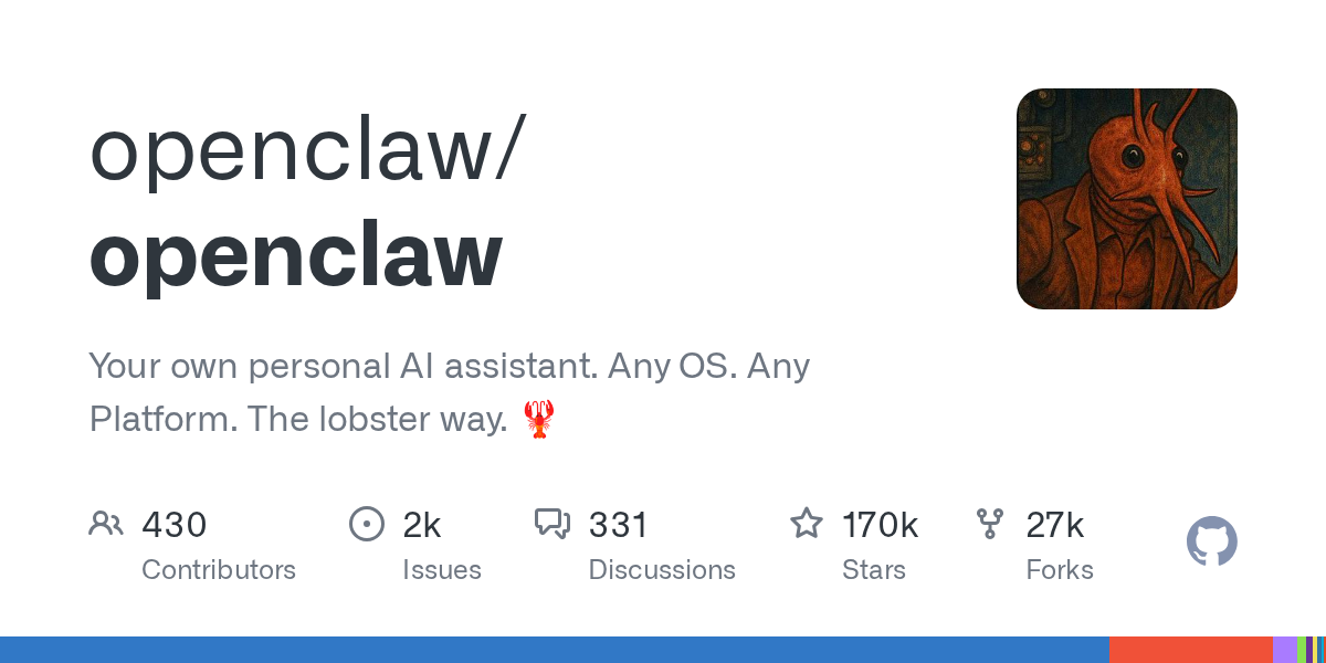 Captura de la página principal del repositorio GitHub de OpenClaw, destacando su identidad visual, el lema “Your own personal AI assistant”, el icono de la langosta y métricas de comunidad como estrellas, forks, issues y contribuidores.