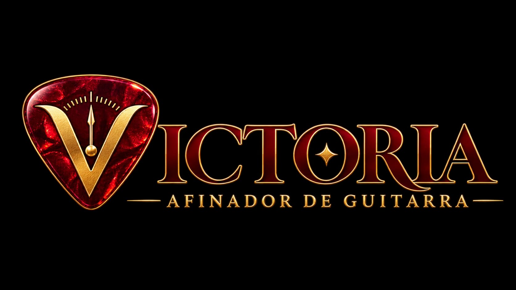 Logotipo del Afinador de guitarra VICTORIA: letra V dorada con forma de púa y aguja de afinador, seguida del nombre VICTORIA en dorado sobre fondo negro