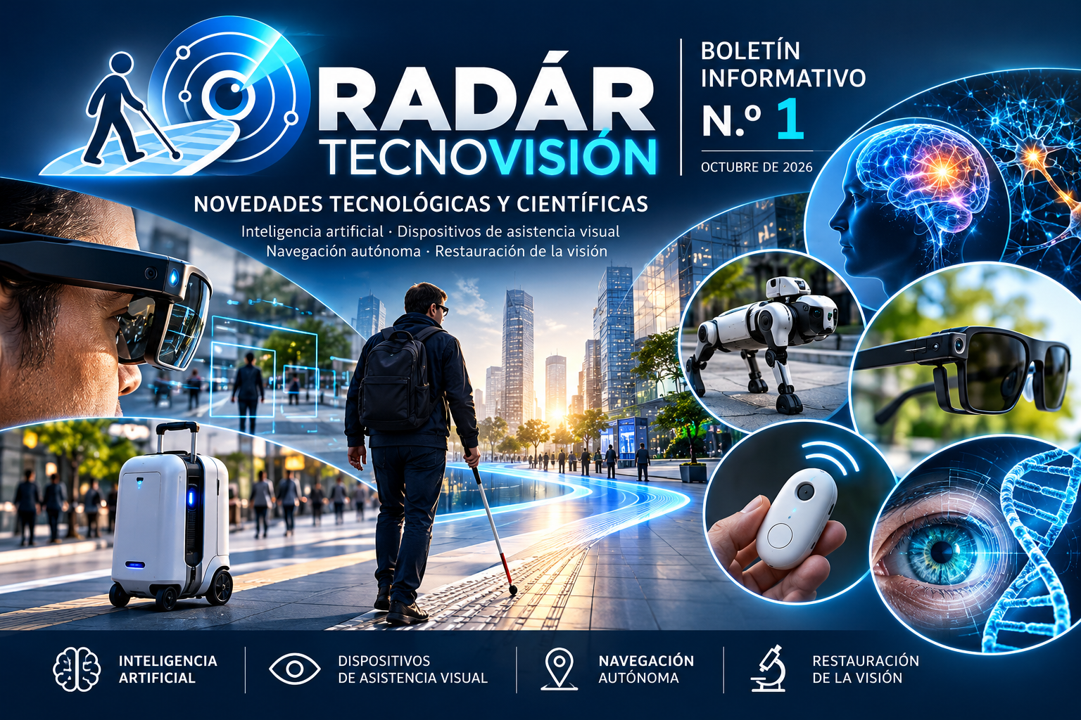 La portada del primer boletín de "Radár Tecnovisión" de octubre de 2026 presenta un diseño futurista enfocado en la accesibilidad tecnológica. Muestra a un hombre con bastón acompañado por un asistente robótico navegando por una ciudad moderna, rodeado de viñetas que ilustran innovaciones como inteligencia artificial, perros guía robóticos, diversas gafas inteligentes y restauración biotecnológica de la visión. En la parte inferior, una barra categoriza mediante iconos los temas principales de la publicación: inteligencia artificial, dispositivos de asistencia visual, navegación autónoma y restauración de la visión.