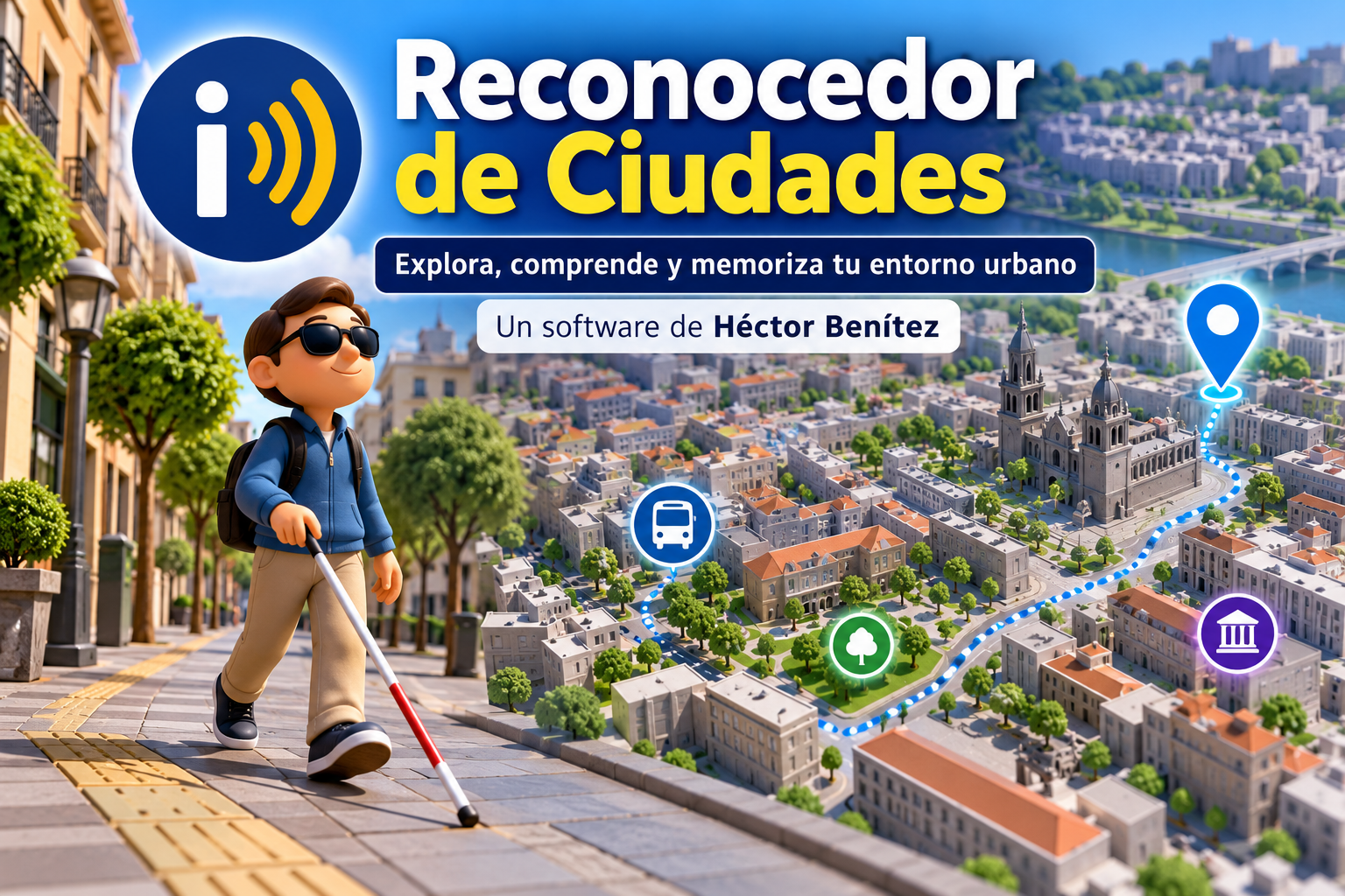 

La imagen es una ilustración promocional en estilo de animación 3D que presenta un software de accesibilidad y navegación. 

Textos y logotipos (Parte superior)


•	En la esquina superior izquierda se ubica un logotipo circular azul oscuro que contiene una letra "i" minúscula blanca de la que emanan tres ondas amarillas, simulando una señal de transmisión o conectividad. 

•	A su derecha, el título principal dice "Reconocedor" en letras blancas y, justo debajo, "de Ciudades" en letras amarillas. 

•	Bajo el título, un recuadro azul oscuro con bordes redondeados contiene el subtítulo en blanco: "Explora, comprende y memoriza tu entorno urbano". 

•	Debajo de este, un recuadro blanco más pequeño indica en texto negro: "Un software de Héctor Benítez". 

Personaje en primer plano (Izquierda)


•	Un hombre joven de estilo animado camina hacia adelante por una acera. Viste una chaqueta azul con cremallera sobre una camiseta negra, pantalones color caqui, zapatillas oscuras y lleva una mochila negra. 

•	Lleva gafas de sol oscuras y en su mano derecha sostiene un bastón blanco para personas ciegas, el cual tiene la punta inferior de color rojo y está apoyado en el suelo. 

•	El borde de la acera cuenta con pavimento podotáctil de color amarillo brillante con un patrón de líneas en relieve, diseñado para la orientación con bastón. 

Entorno urbano y navegación (Derecha y fondo)


•	A la derecha y extendiéndose hacia el horizonte, se muestra una detallada ciudad en miniatura con iluminación diurna y cielo despejado. Se aprecian calles, zonas verdes, edificios residenciales, un río con un puente al fondo y una estructura prominente similar a una gran iglesia o catedral. 

•	Sobre las calles de la maqueta urbana se superpone una línea de puntos azules que traza una ruta de navegación. 

•	A lo largo de la ciudad flotan varios marcadores digitales circulares con iconos blancos: un autobús sobre fondo azul, un árbol sobre fondo verde y una fachada clásica de columnas (como un museo o institución) sobre fondo morado. 

•	La ruta de puntos azules termina en un gran marcador de ubicación clásico (un pin azul) situado en la parte superior derecha de la ciudad. 

